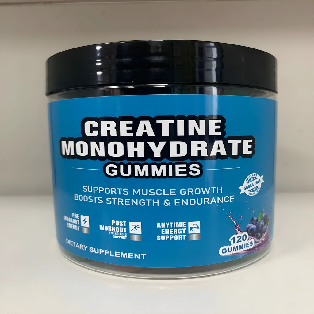 Bottle of raspberry-flavoured creatine monohydrate gummy supplements containing 120 tablets