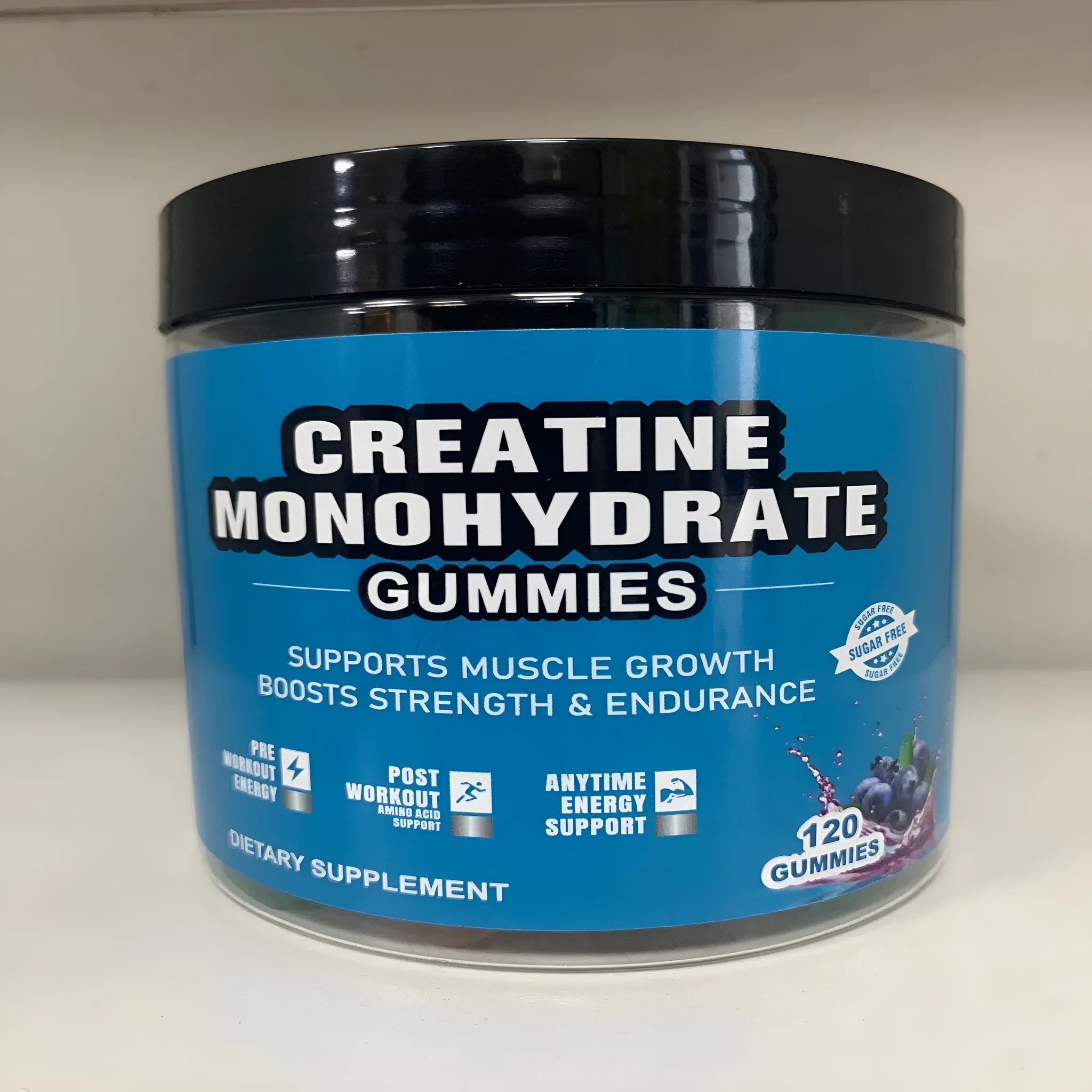 Bottle of raspberry-flavoured creatine monohydrate gummy supplements containing 120 tablets