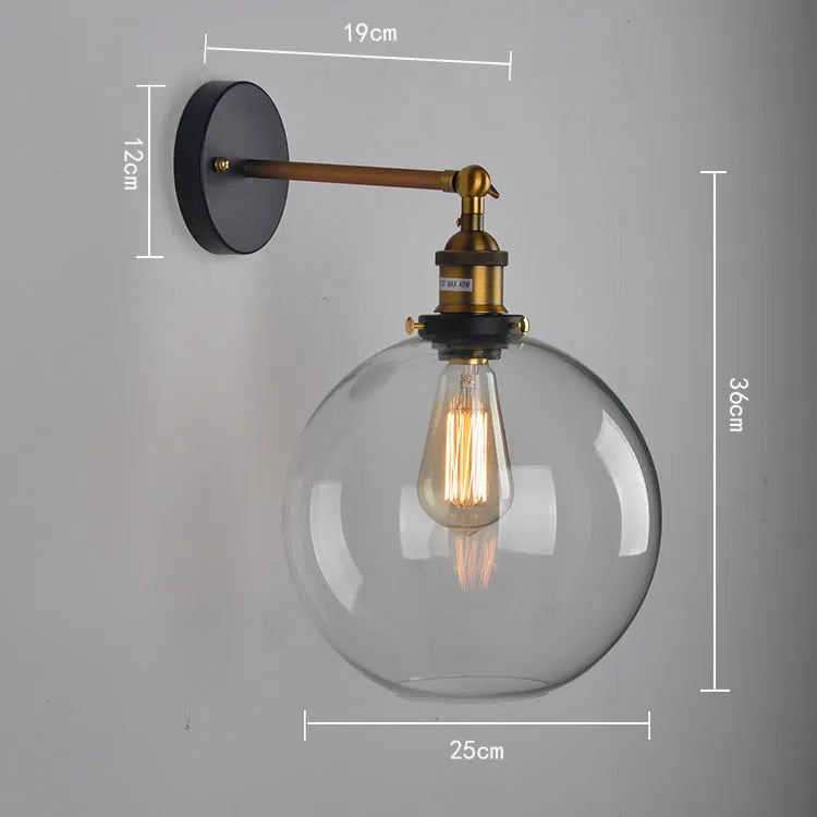 Retro round glass ball wall lamp in amber finish, 20cm diameter, with E27 holder.