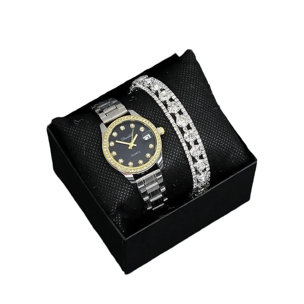 Women's fashion bracelet watch with gold or silver strap, three-row rhinestone detail, black or white face, 8mm case