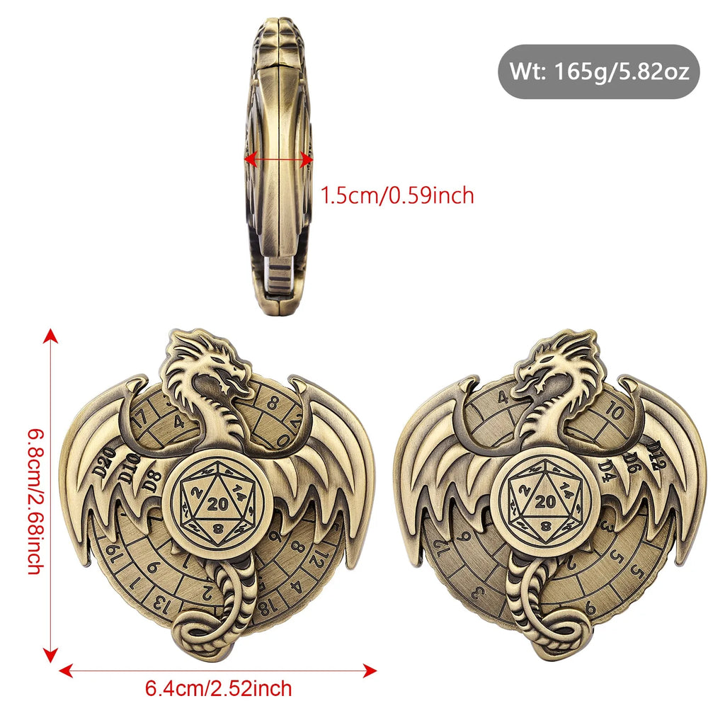 Retro metal fantasy style wings dice wheel with mechanical rotation in bronze finish