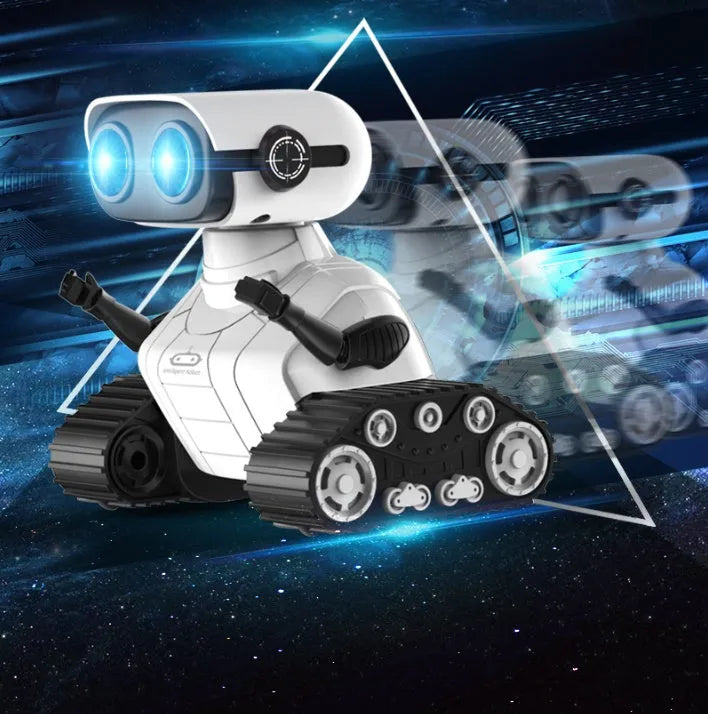 White plastic USB rechargeable remote control robot toy for children with handle remote, sound and light dancing, ages 7-14
