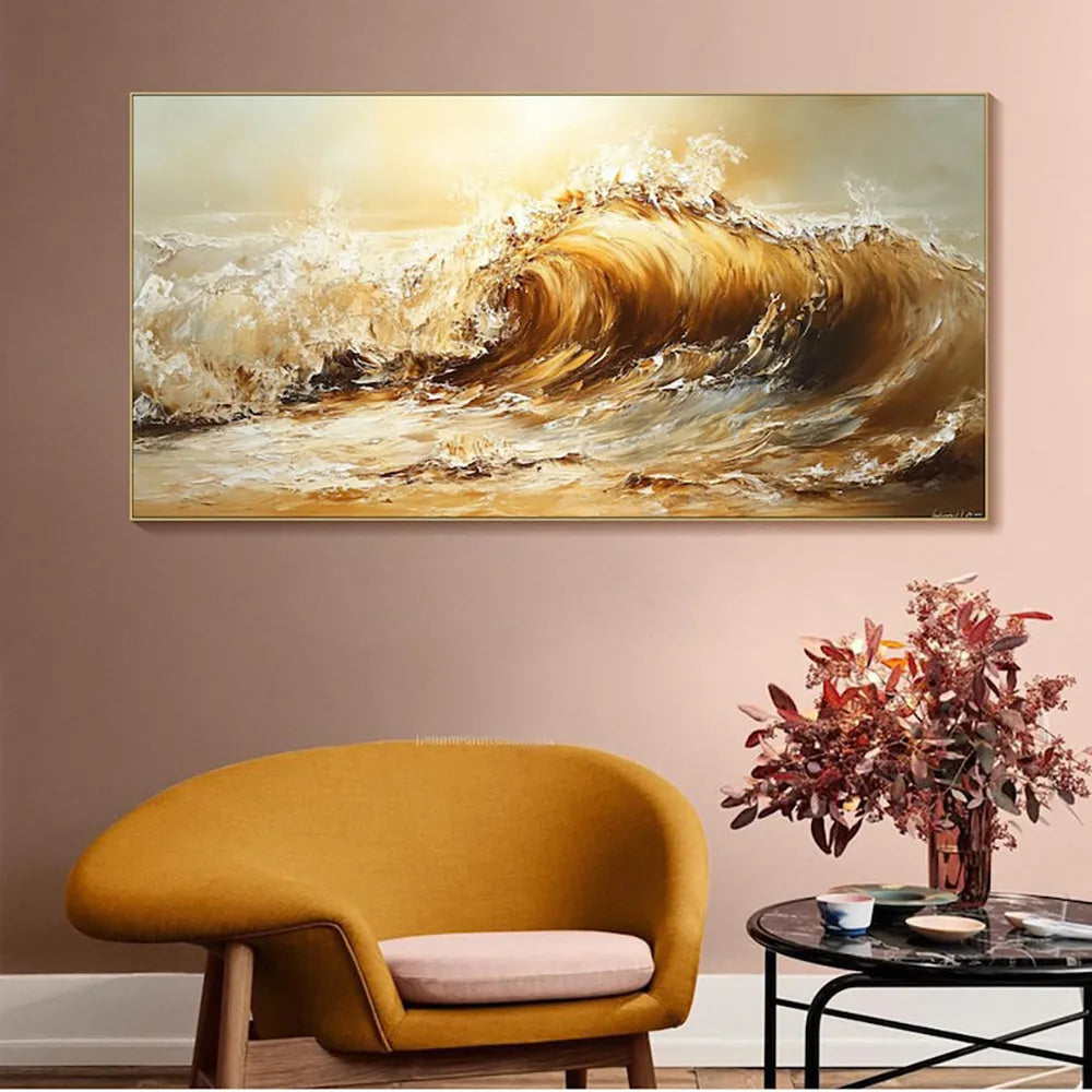 Handmade abstract yellow waves landscape oil painting on unstretched canvas, frameless, multiple sizes available