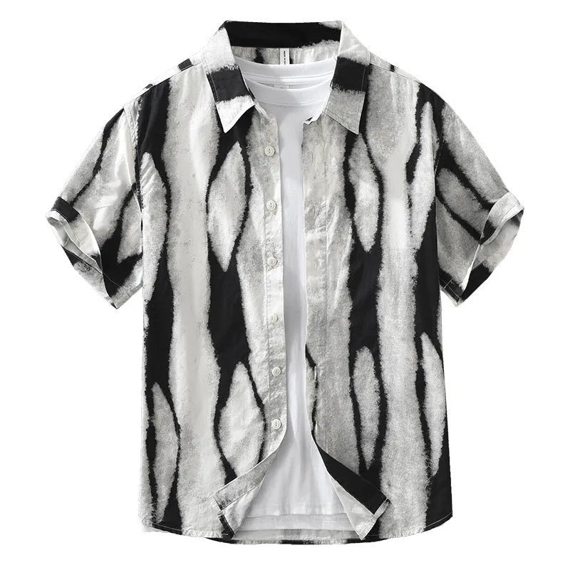 Man wearing a black retro striped short sleeve cardigan-style cotton shirt