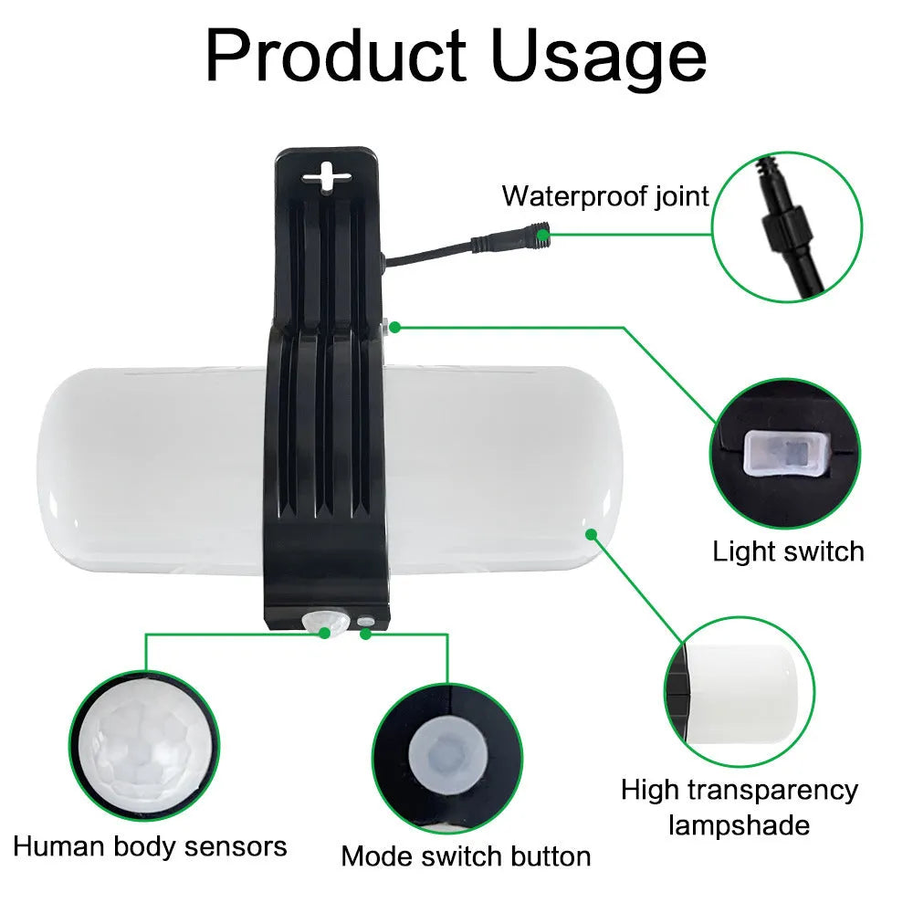 Black solar-powered outdoor floodlight with motion sensor and abstract design