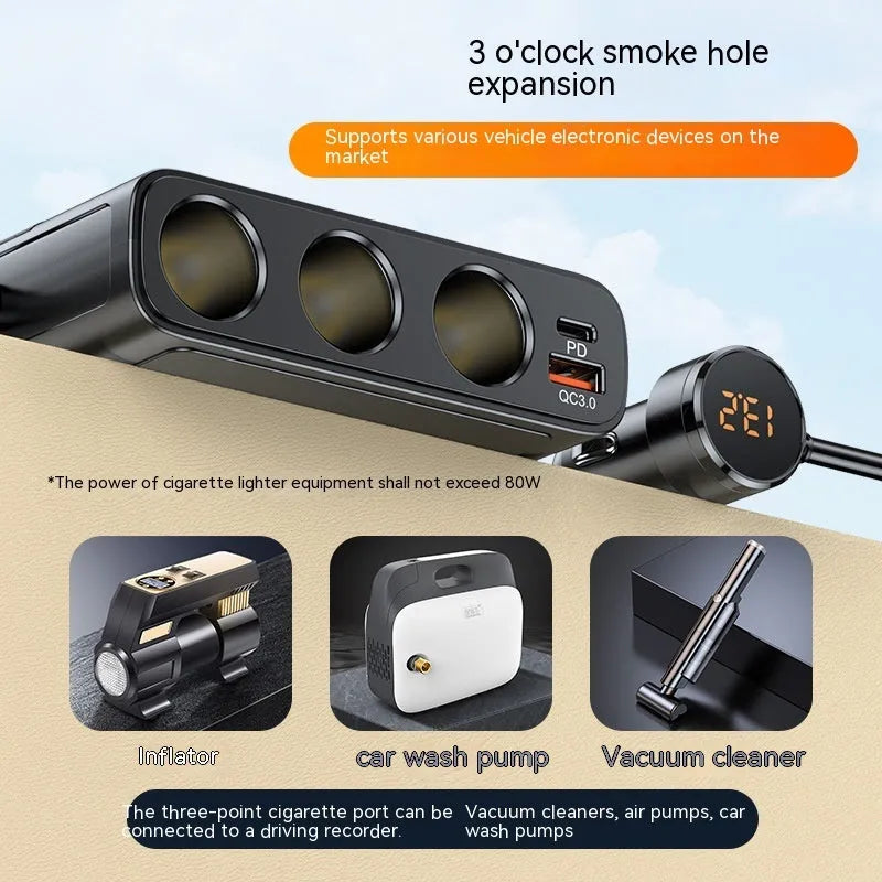 Black vehicle cigarette lighter USB charger with PD and QC3.0 ports for 12V-24V car systems