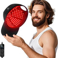 Black infrared red light hair care therapy cap for hair growth on neutral background
