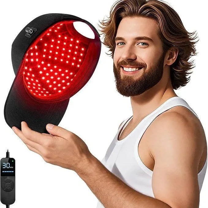 Black infrared red light hair care therapy cap for hair growth on neutral background