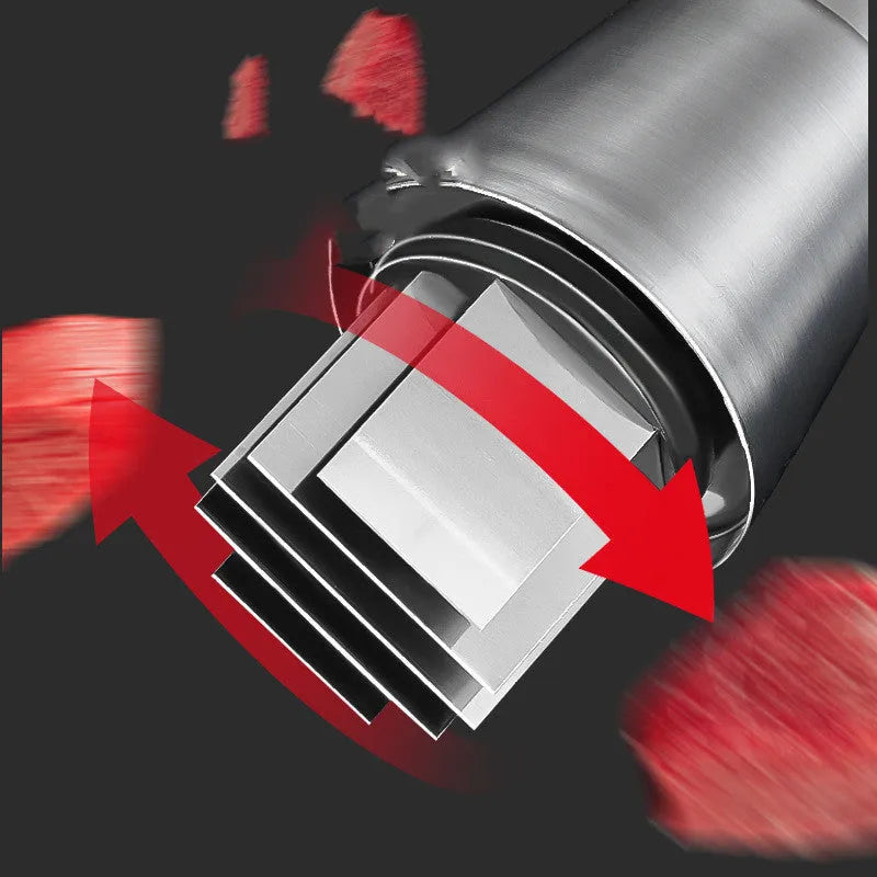 Manual garlic crusher and onion chopper in black with stainless steel blades on a kitchen counter