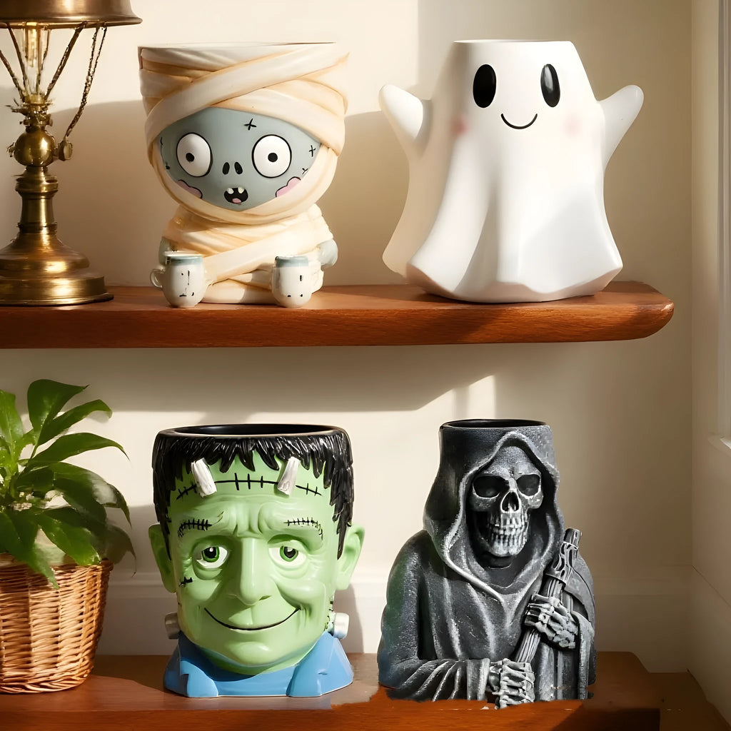 Halloween cartoon flower pot resin decorations in bandage zombie, death, Frankenstein and white ghost designs