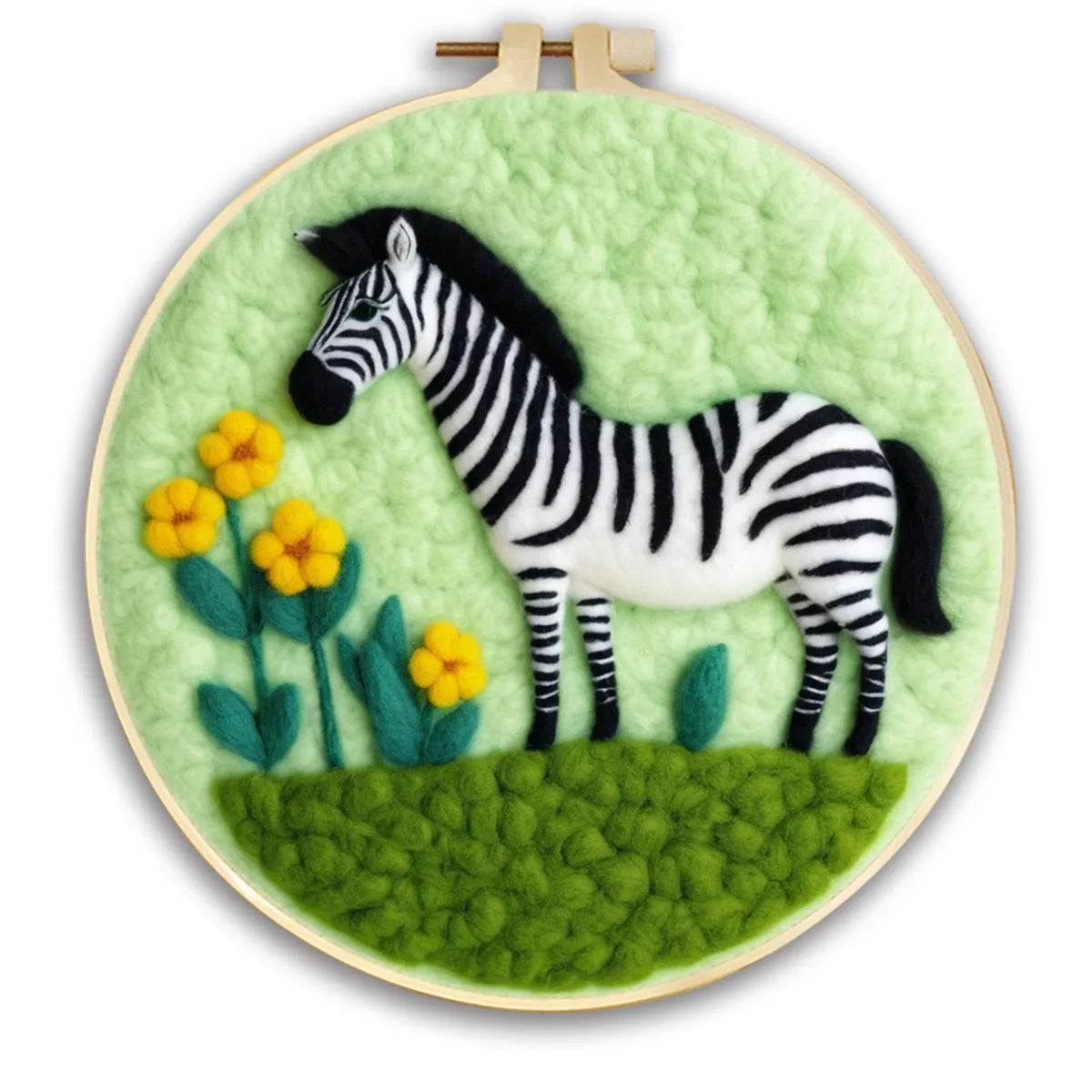 Round linen embroidery frame with wool felt floral decoration kit for three-dimensional wall art