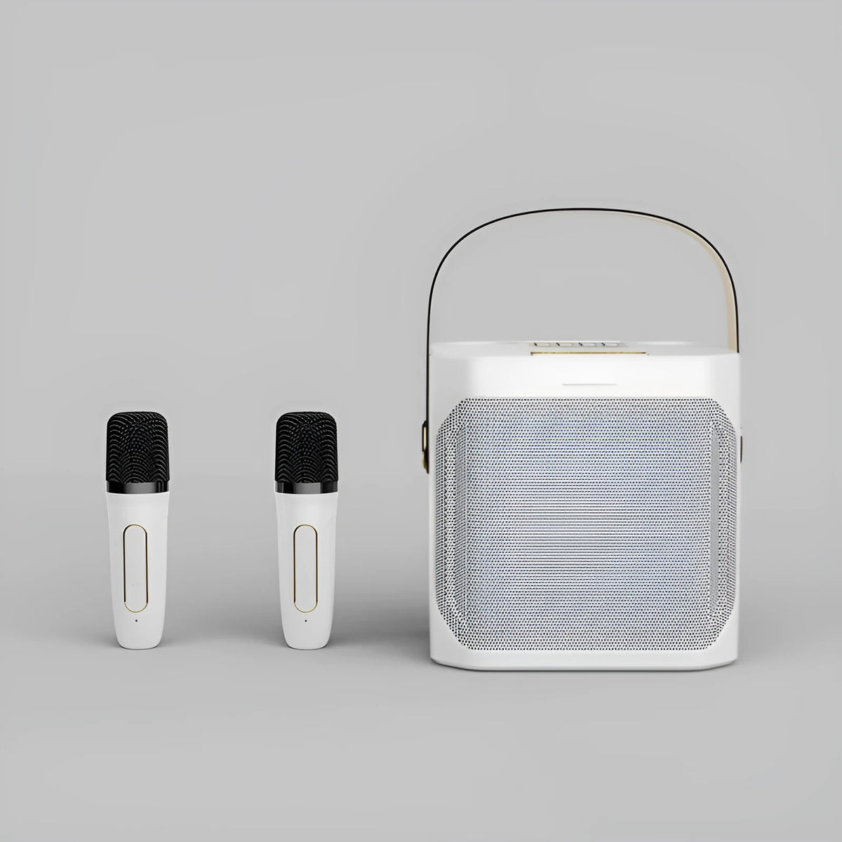Dual stereo portable karaoke speaker box with two microphones, white or black, 143x168x171mm