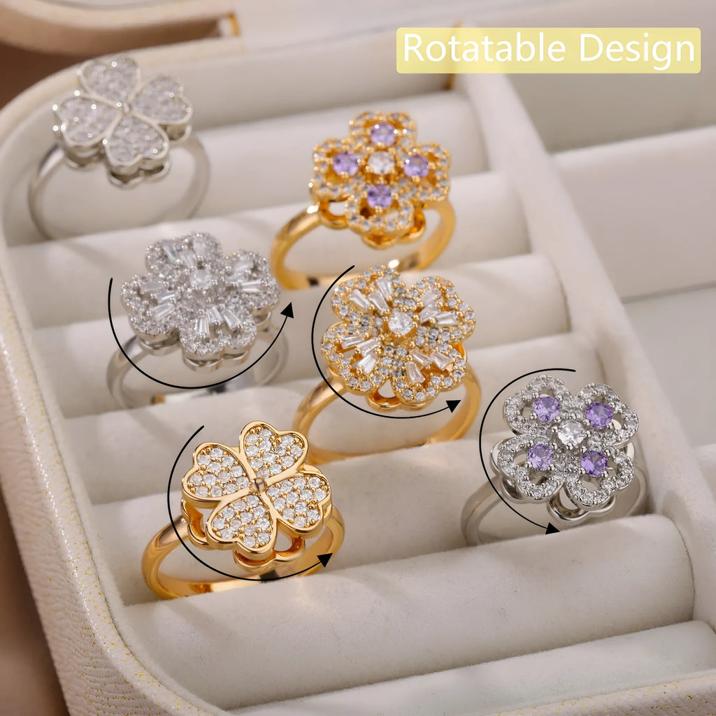 Rotatable flower ring with rhinestones in gold copper finish for women