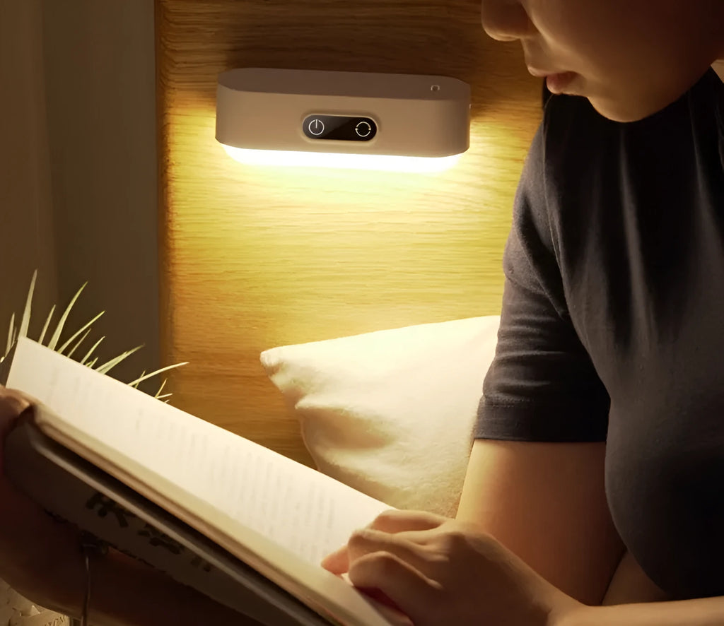 White magnetic USB rechargeable LED night light with touch buttons for dimming and colour temperature adjustment