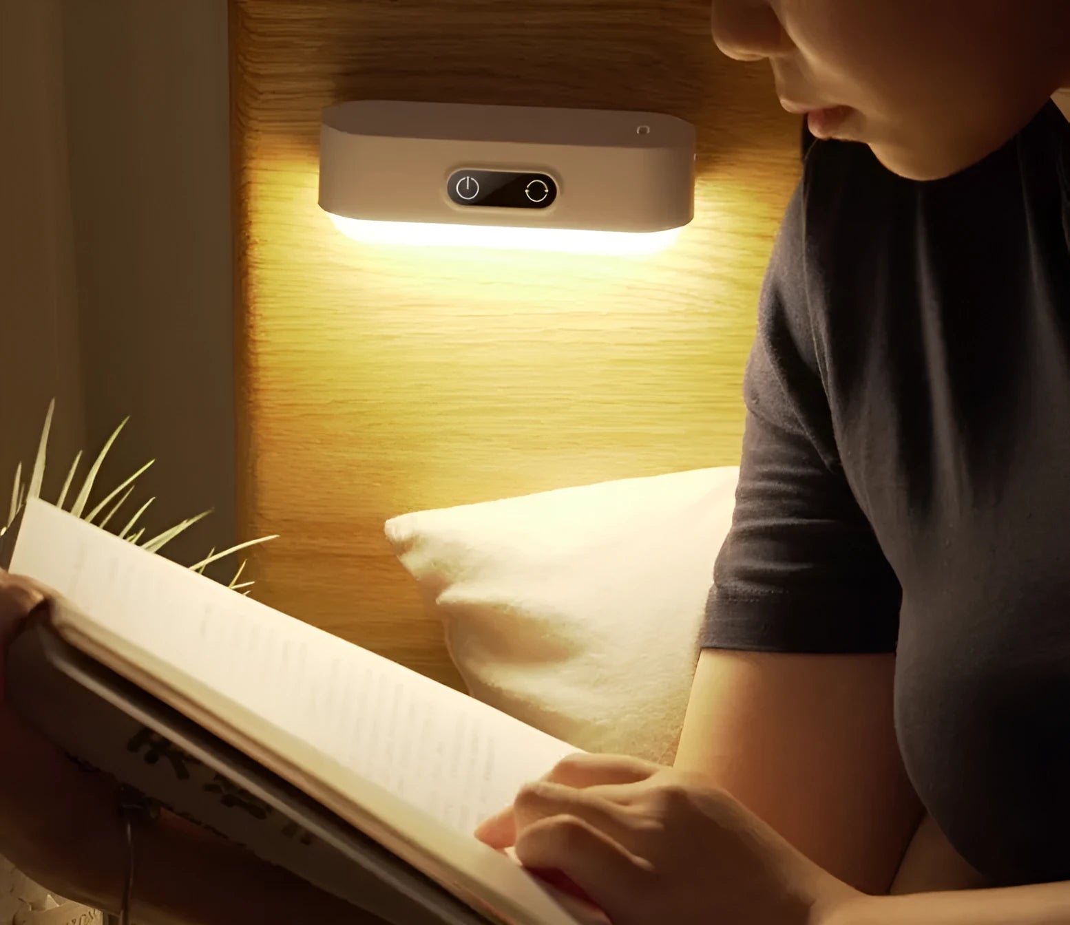 White magnetic USB rechargeable LED night light with touch buttons for dimming and colour temperature adjustment