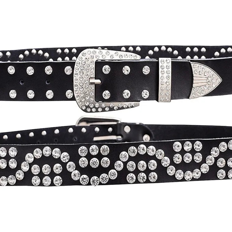 Ladies cowhide leather belt with rhinestone D-shape pin buckle, diamond-studded pattern, available in multiple colours and sizes