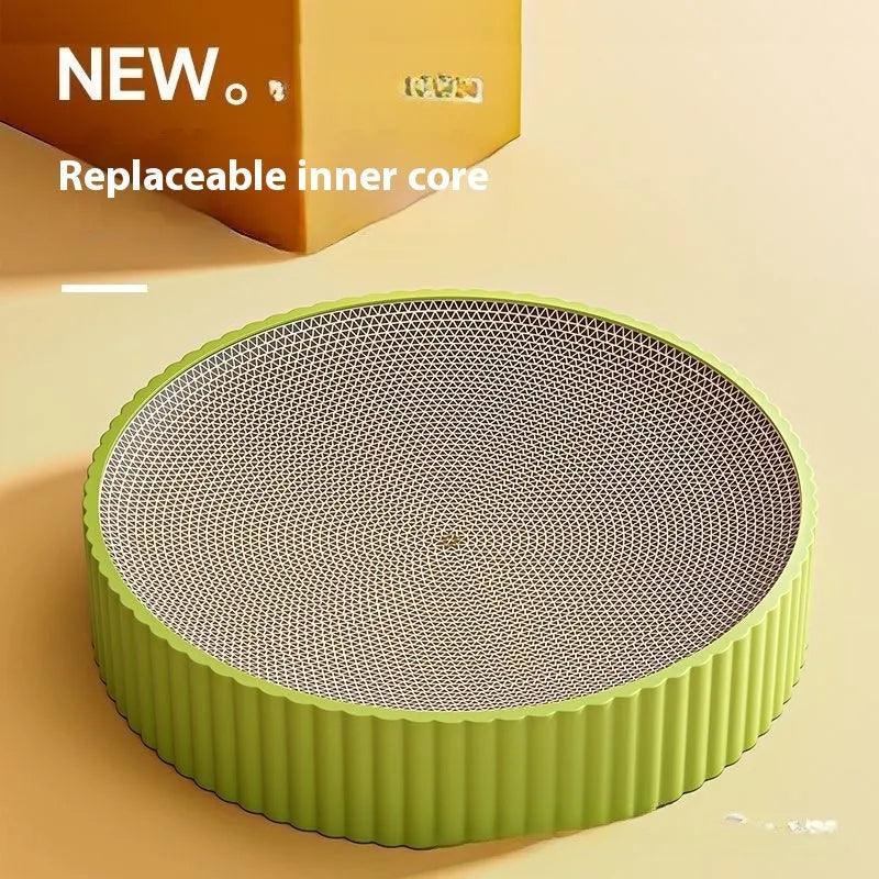Round green cat scratching board with corrugated cardboard surface, 55cm diameter