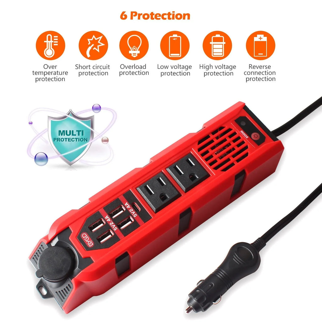 E8960 200W 12V to 110V car power inverter with USB ports, Type-C, and temperature-controlled fan