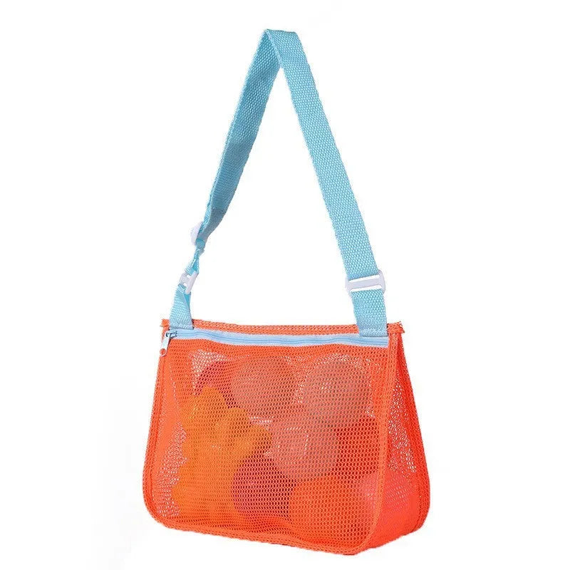 Blue nylon mesh travel storage bag with zip closure for children's toys and clothes