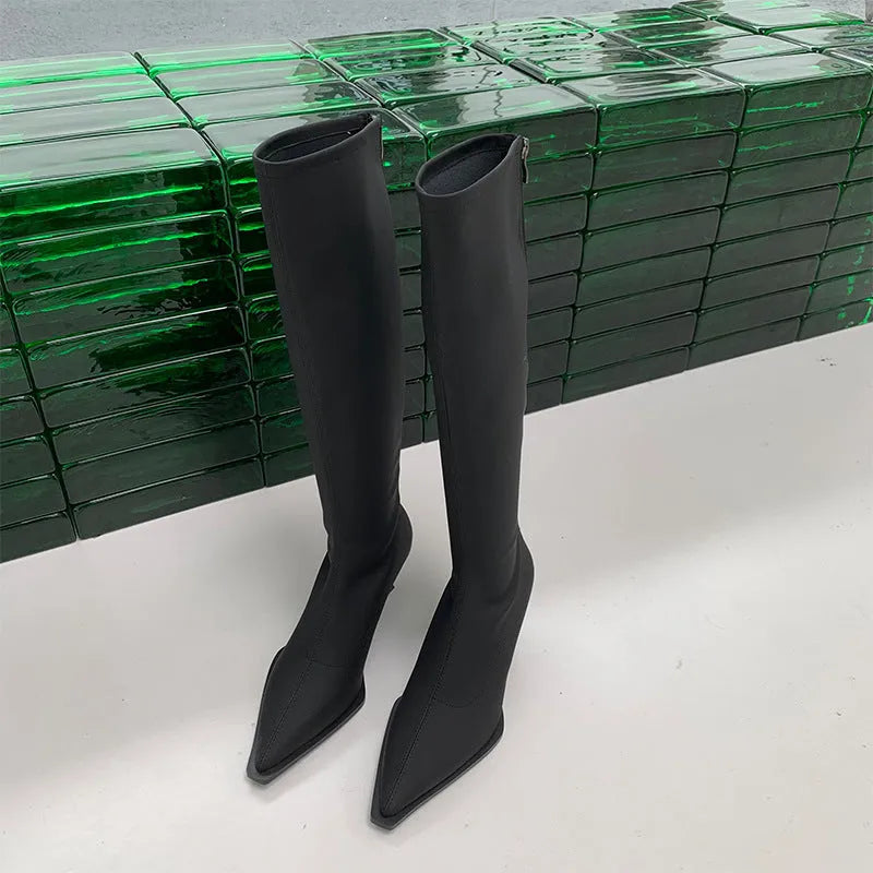Women’s black pointed toe below the knee boots with 5cm heel and back zipper