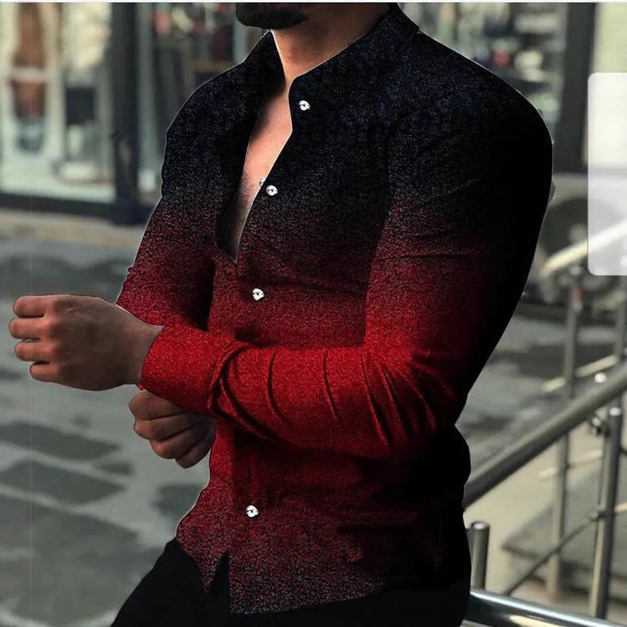 Men's slim fit long sleeve cardigan with gradient pattern in red, yellow, green, purple or blue, sizes S to XXXL