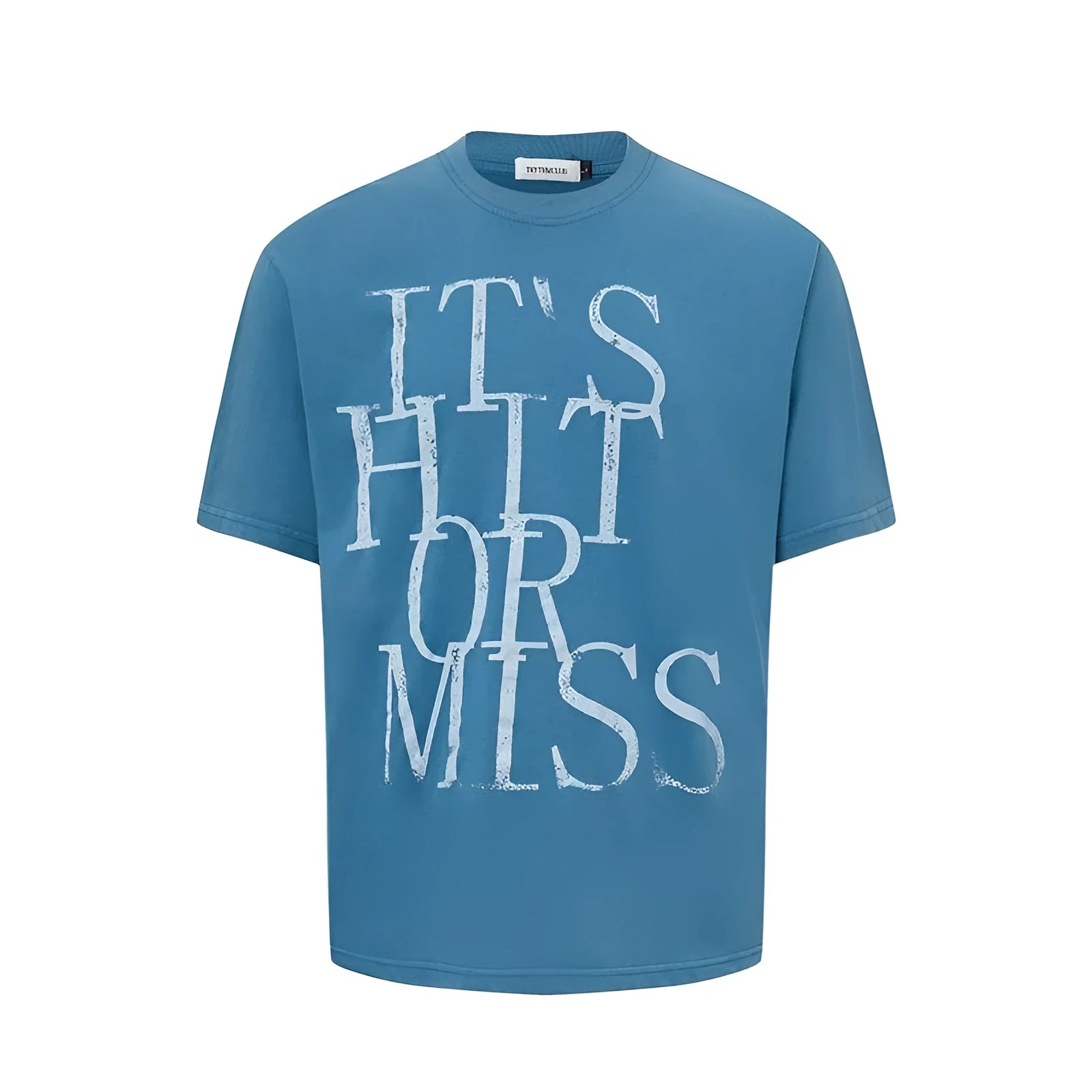 Men's blue American Retro letter print cotton blend loose fit T-shirt front view