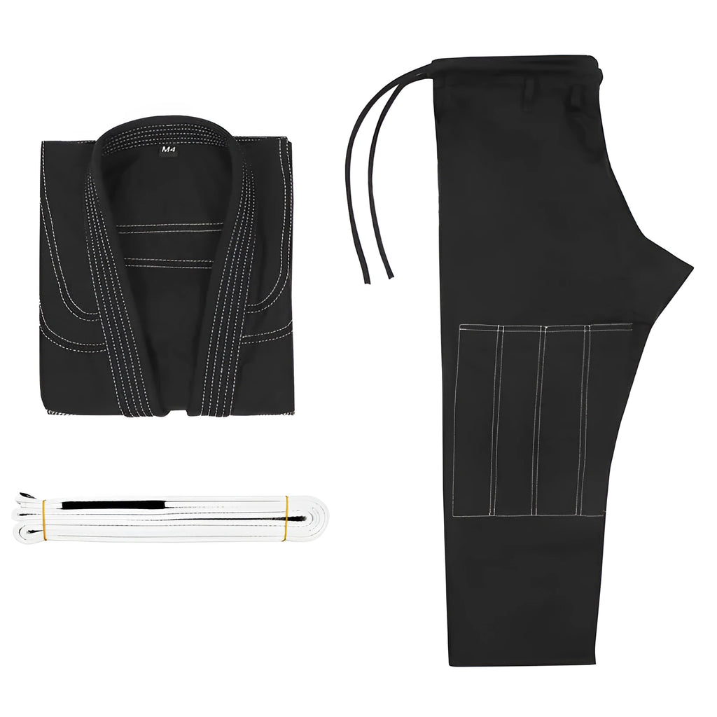 Cotton blend Brazilian Jiu-Jitsu gi jacket and trousers set on a white background.