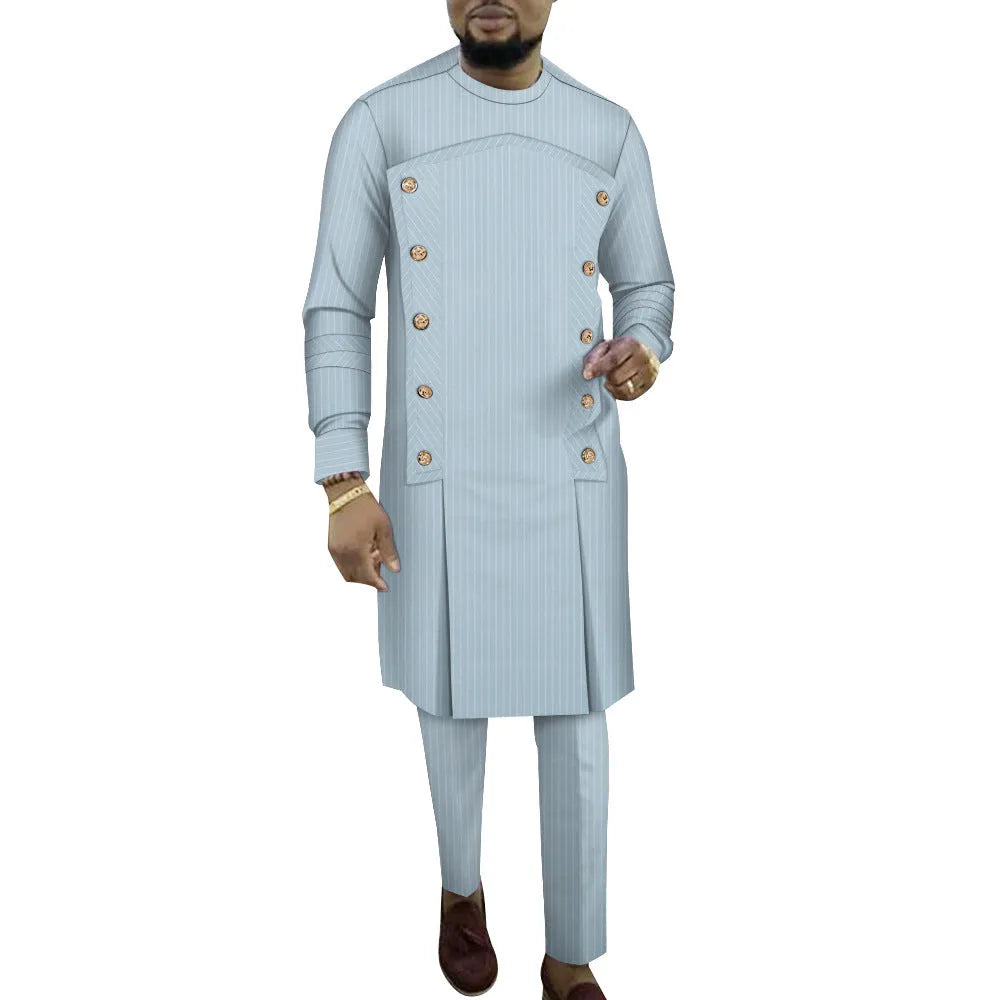 African men's striped cotton robe two-piece set showing long sleeve top and matching trousers