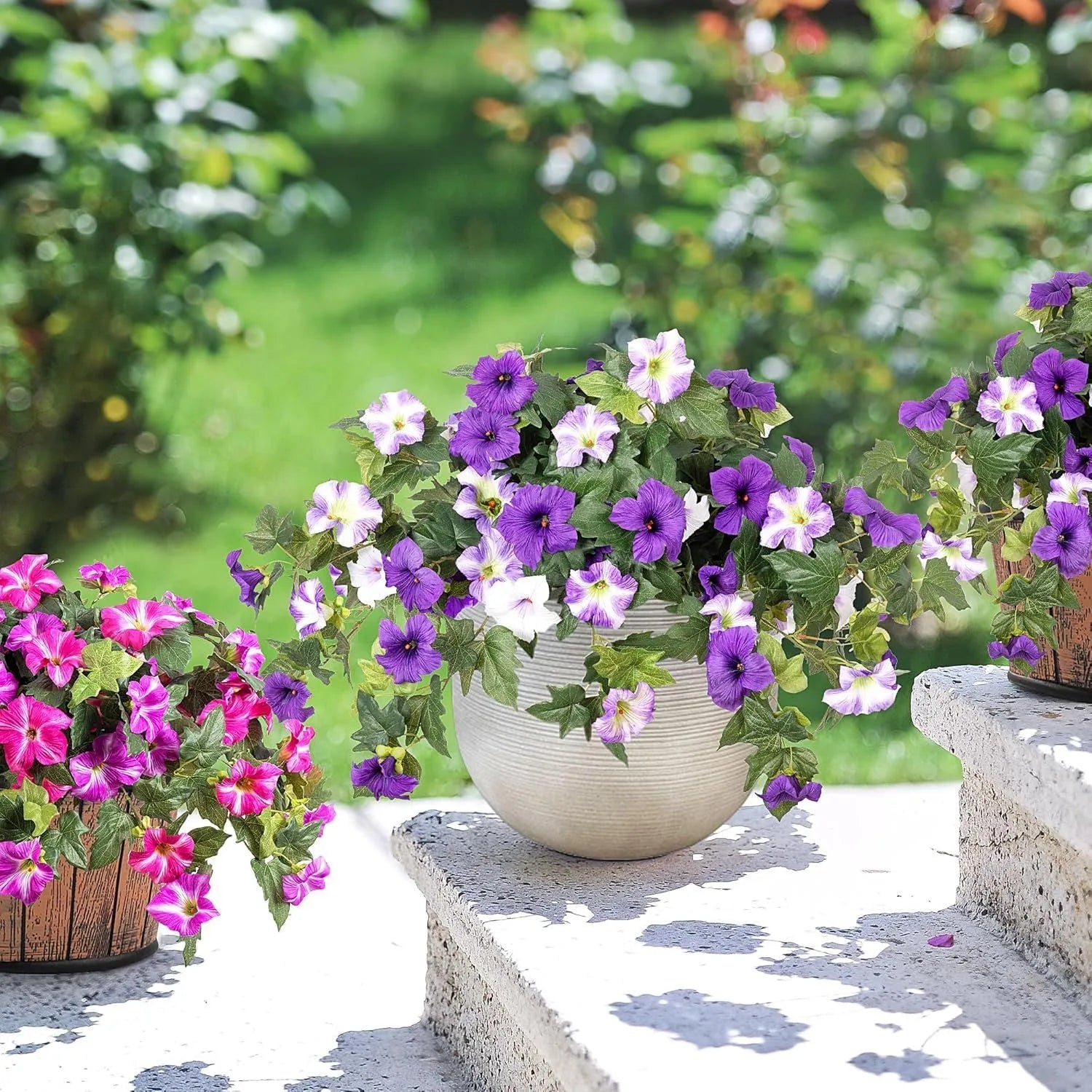 Plastic European courtyard garden container with artificial silk flower in multiple colour options
