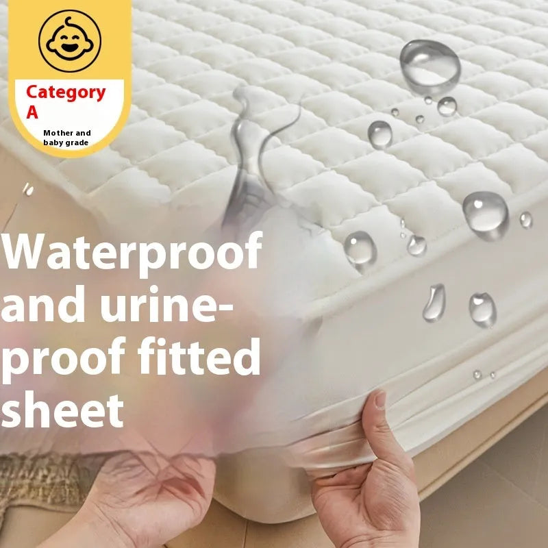Blue waterproof fitted sheet with elasticated corners on a mattress.