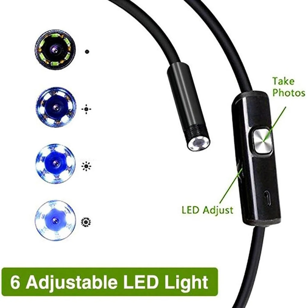 USB-C endoscope with flexible cable, HD camera, magnet, hook, and side mirror attachments on a table.