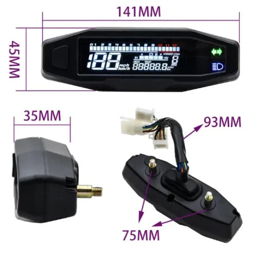 Black mini motorcycle LCD speedometer gauge with digital display showing speed, revs, and fuel level.