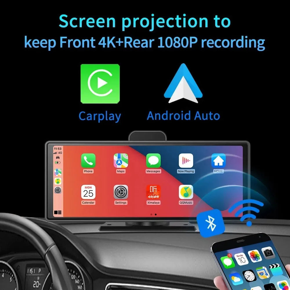 10.26-inch car DVR with front and rear cameras, 4K front recording and 170° wide angle