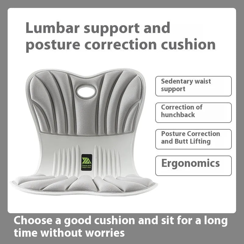 Grey ergonomic office seat cushion for waist support and posture correction on a chair.