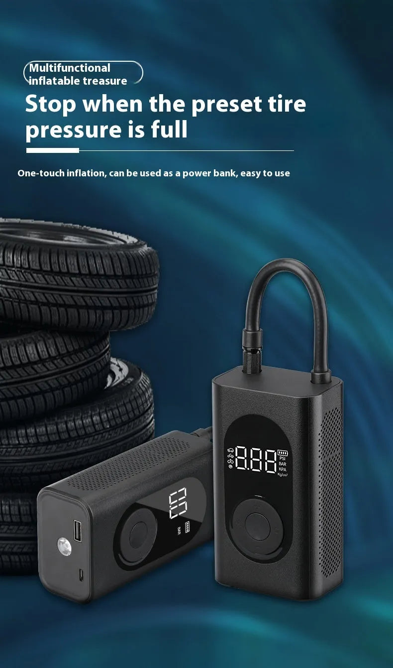 Black portable wireless tyre pump with digital display, LED flashlight, and USB cable on a grey background.