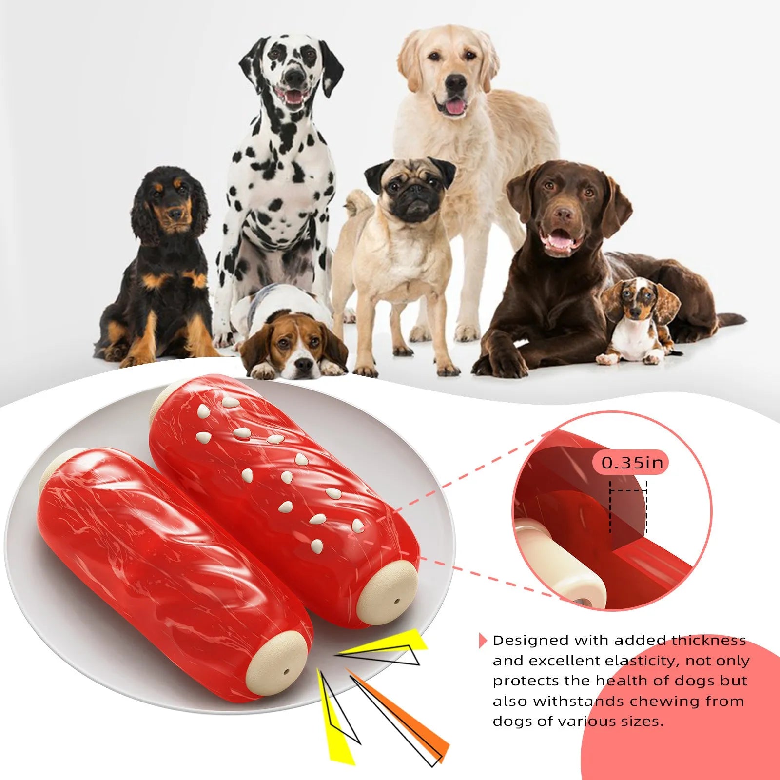 Primary colour plastic dog chew toy featuring a glue toothbrush end and a molar rod.