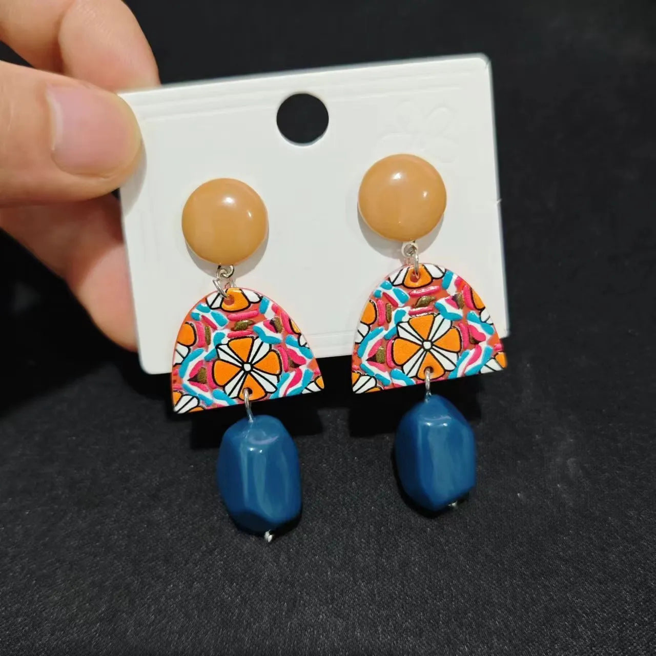 Retro yellow blue contrast acrylic earrings with irregular geometric shapes and electroplated finish