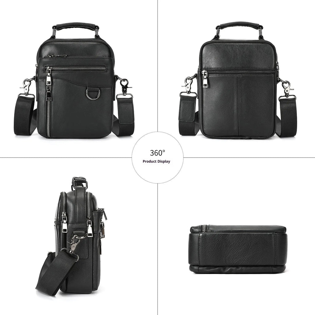 Men's black genuine leather single crossbody messenger bag with stitching detail for business travel