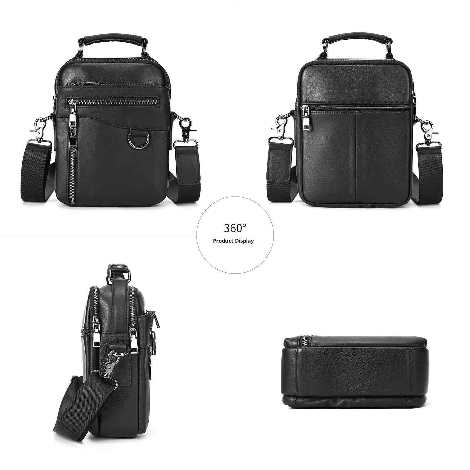 Men's black genuine leather single crossbody messenger bag with stitching detail for business travel