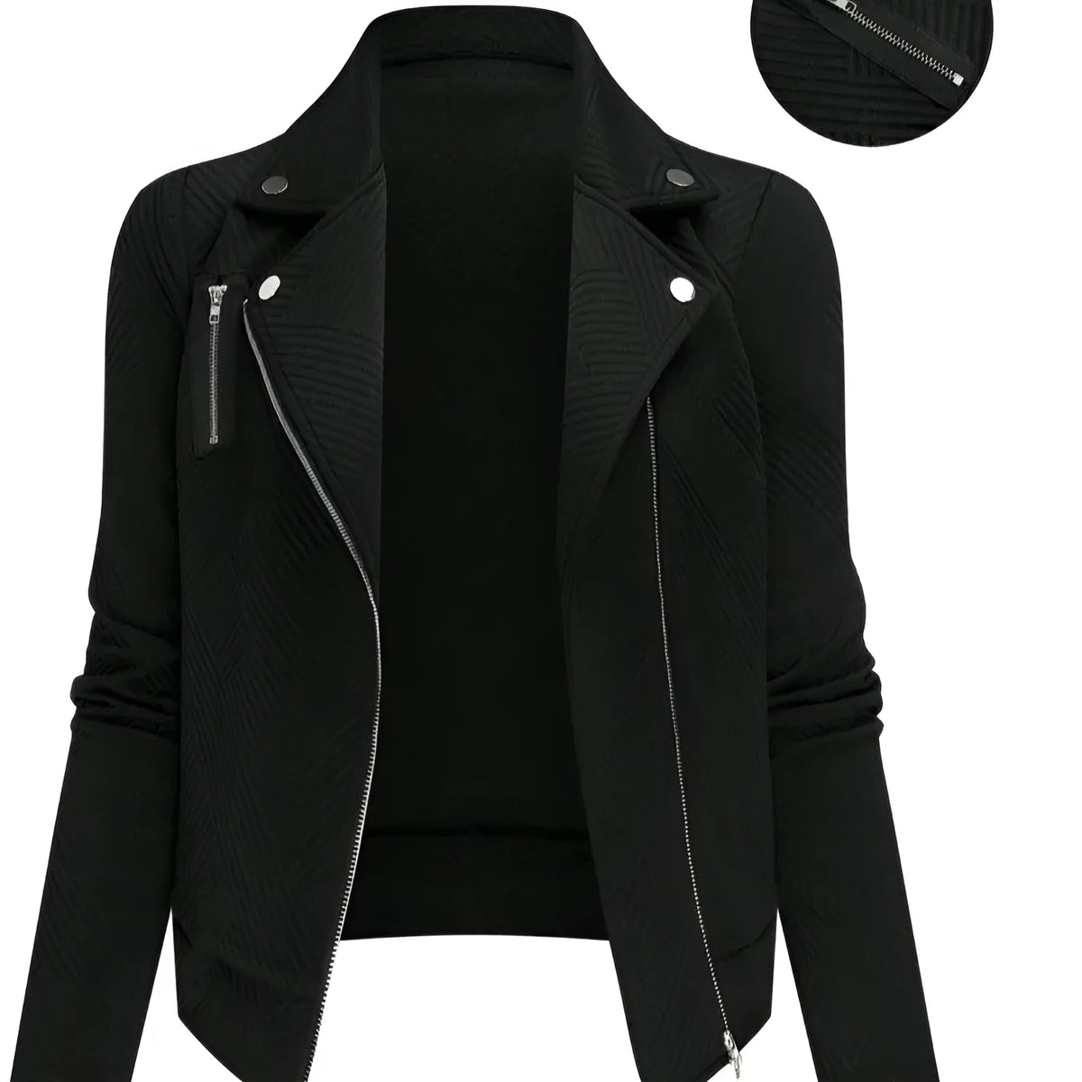 Women's black polyester casual jacket with oblique zipper fastener decoration, long sleeves, loose fit, sizes S to XL