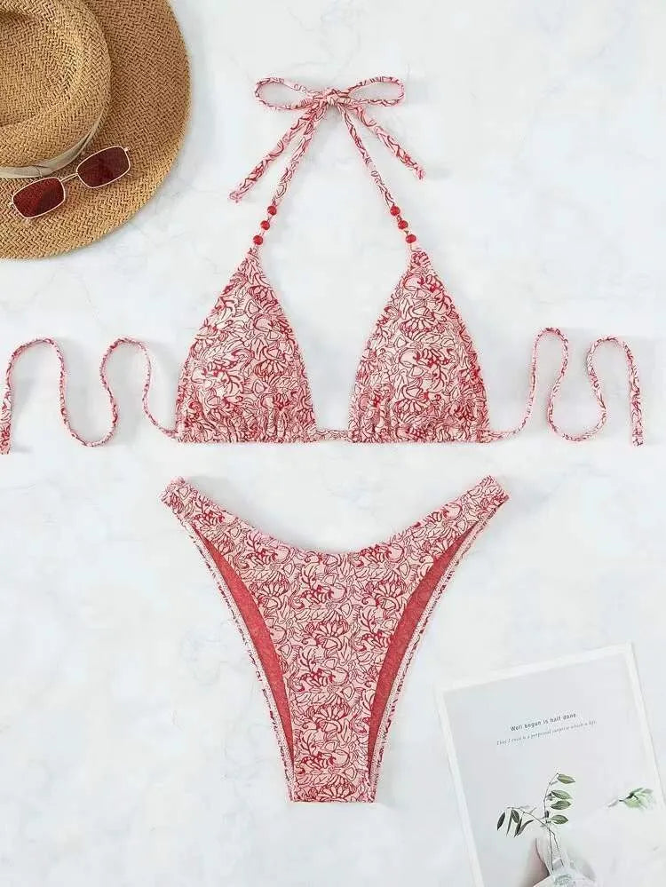 Women's floral halter bikini set in red, sky blue, sapphire blue or emerald green, polyester, sizes XS to L