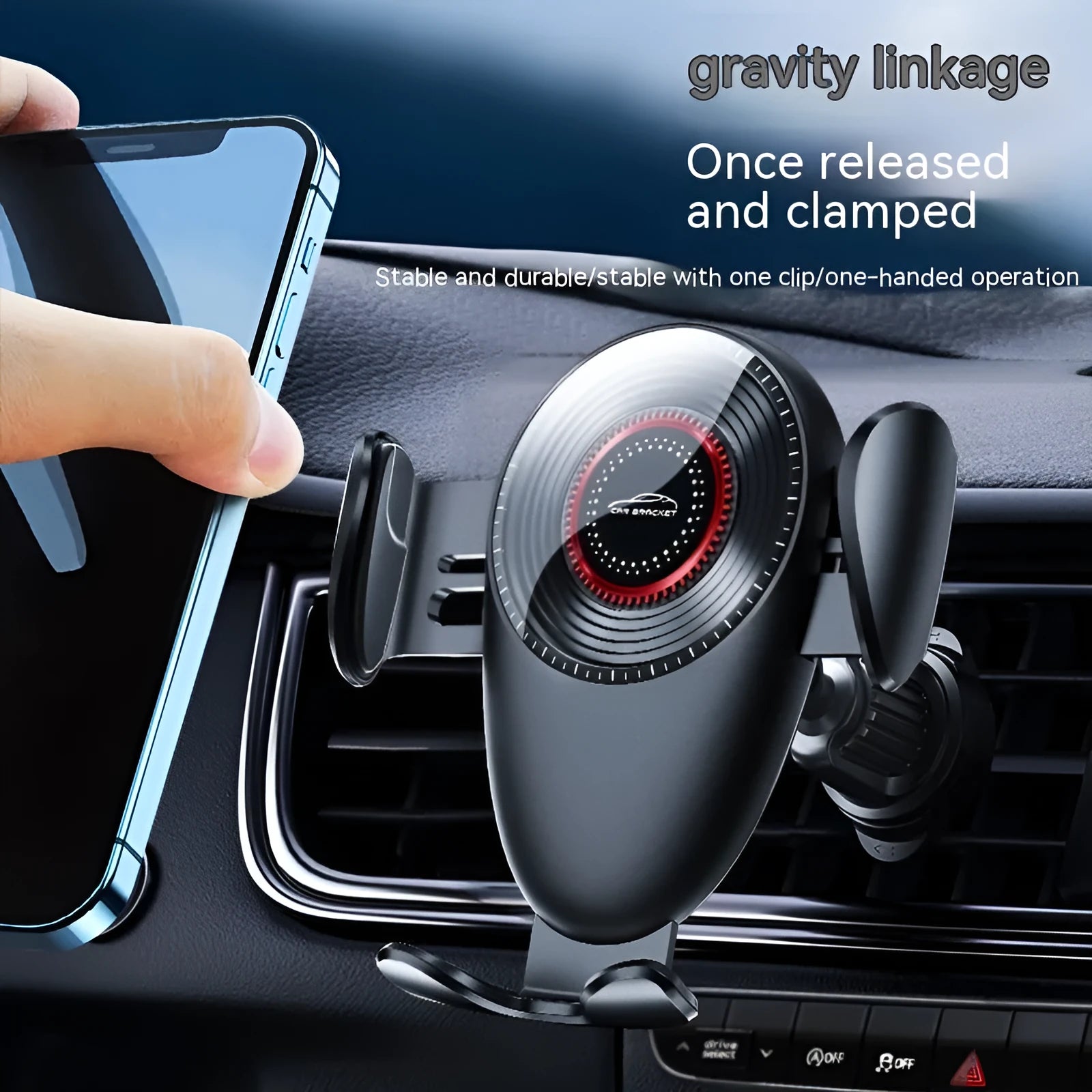 Black universal car mobile phone bracket with mechanical clamp for air vent mounting