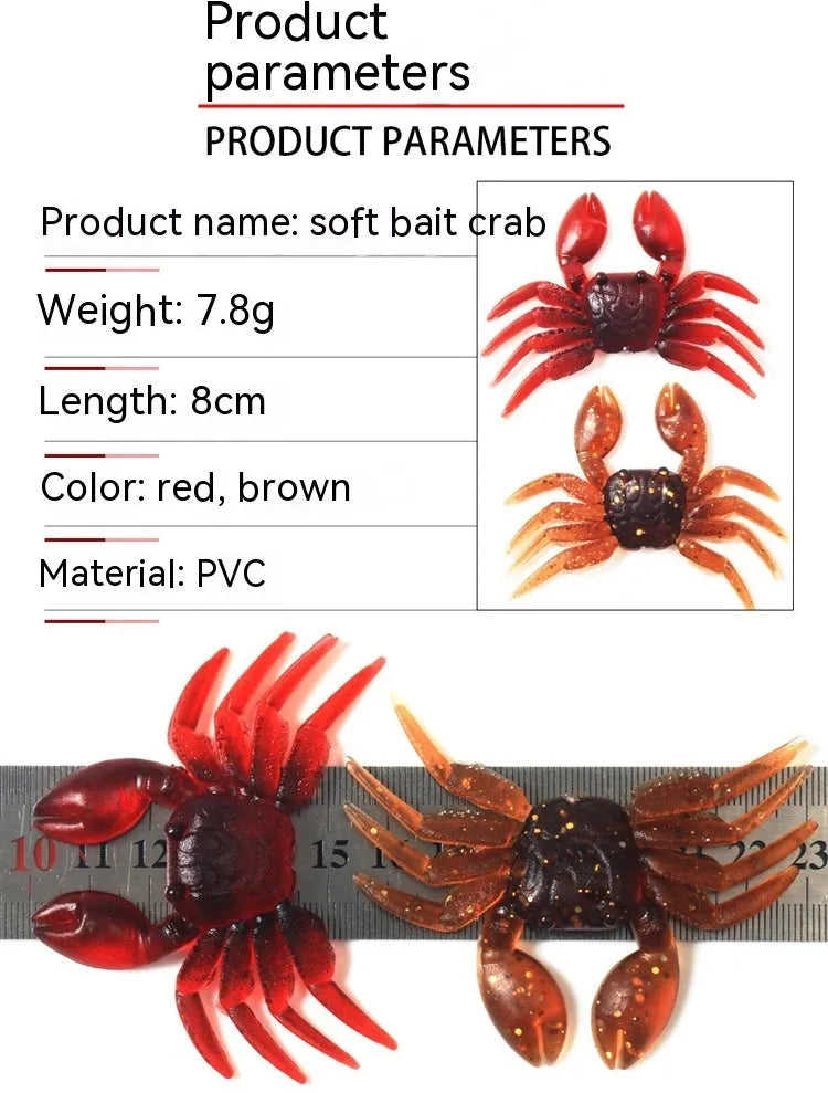 8cm PVC soft crab fishing lure in red and brown colour options for sea and freshwater fishing