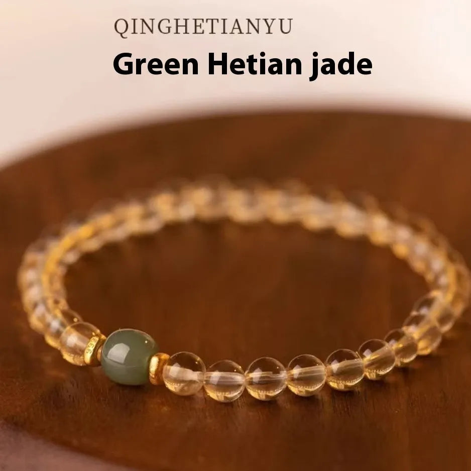 Rutilated quartz bracelet with Brazilian quartz beads in green or white colour options
