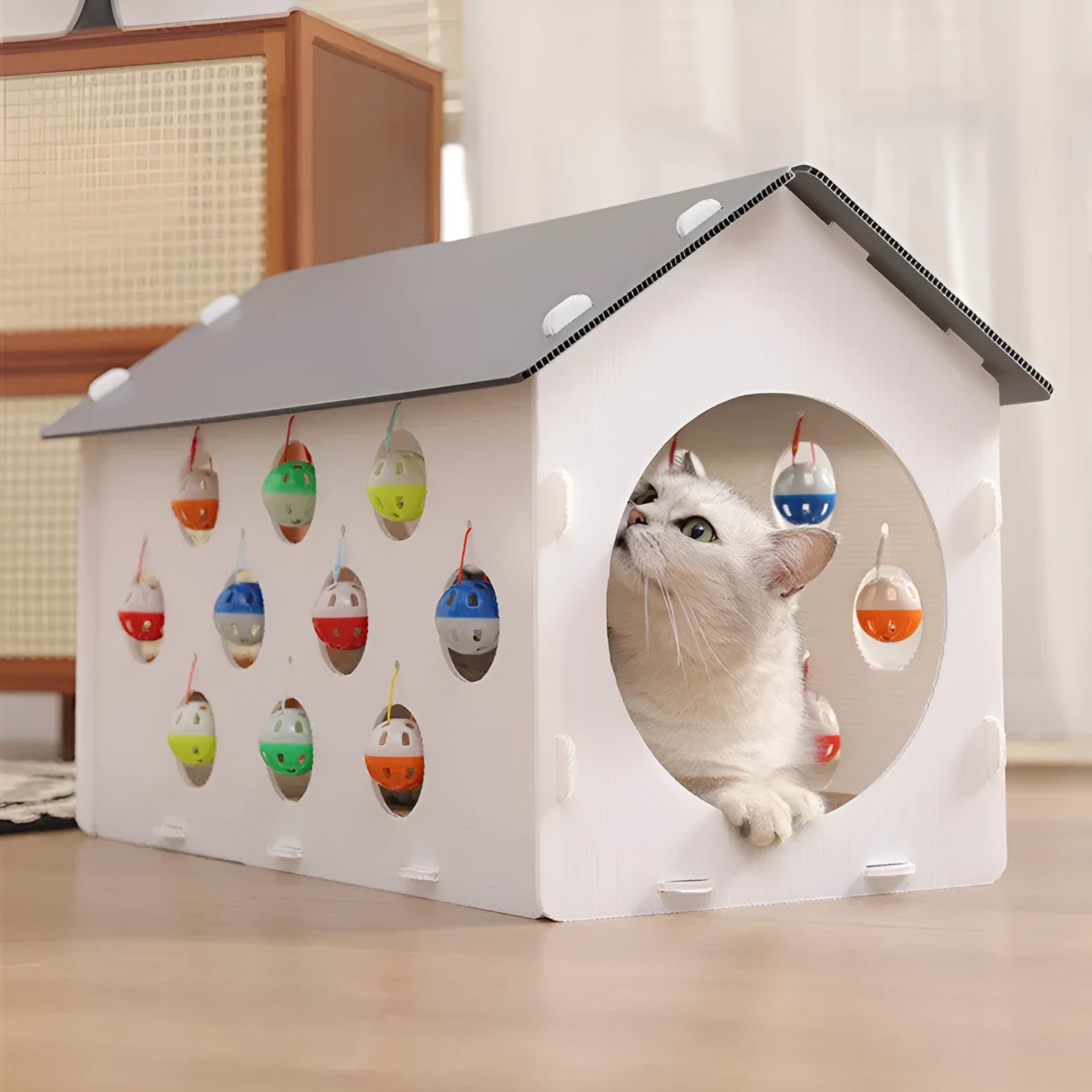 Plastic cat scratch board cat tunnel with bell ball, one-piece indoor cat toy