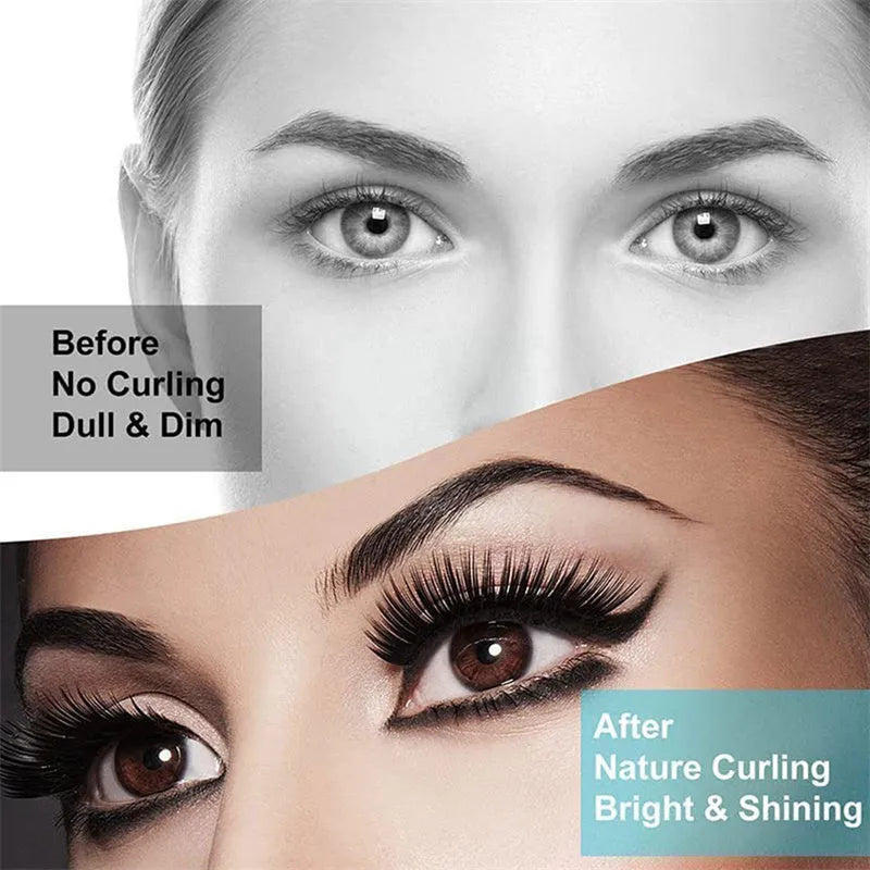 White USB rechargeable heated eyelash curler with dual temperature lights, shown next to its charging cable.