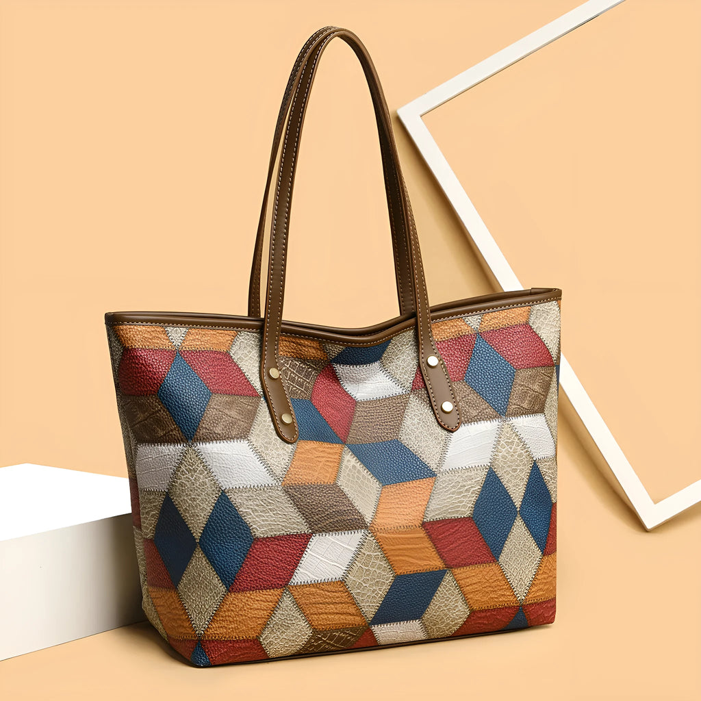 Women's PVC shoulder bag with sandwich pocket design in blue-brown colour