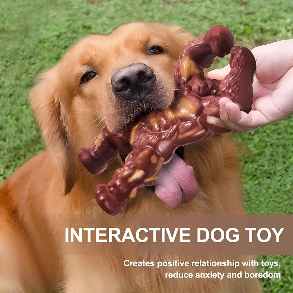 Scarlet-coloured nylon dog chew toy with beef flavour for gnawing.