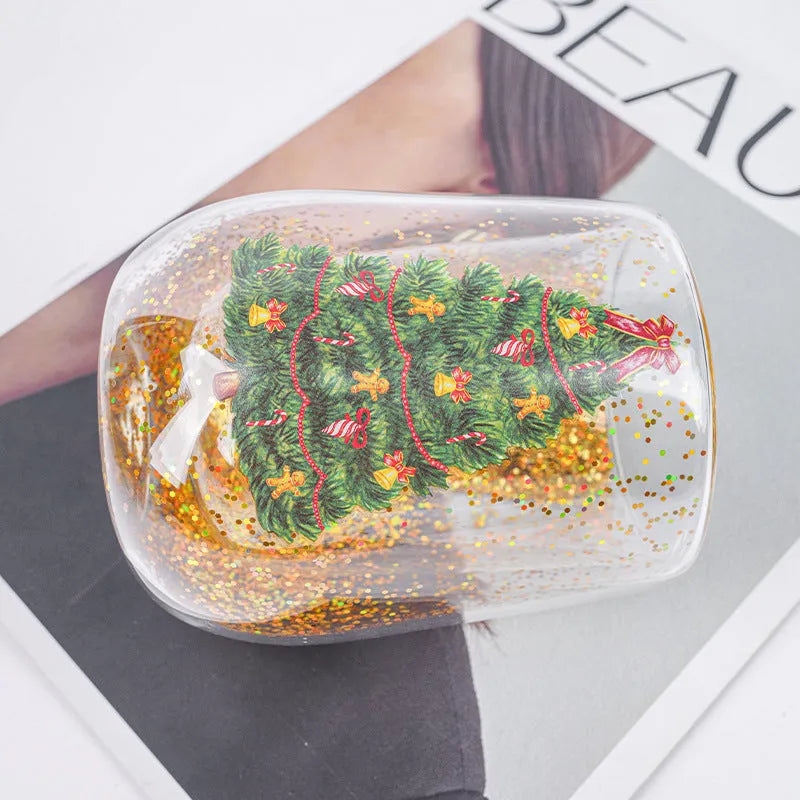 Double-layer Christmas tree glass tumbler with flowing sequins, borosilicate glass, 380ML capacity and 8.6cm x 11.8cm size