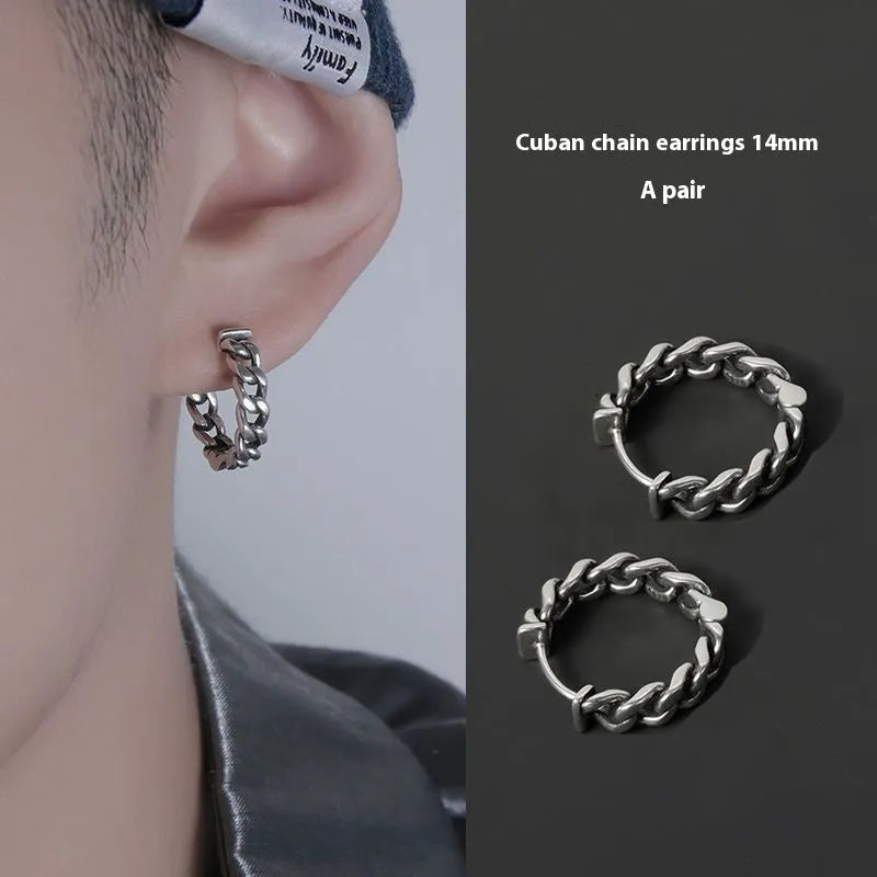 West Coast men's geometric copper earring studs on a plain background, showing silver and patterned options.